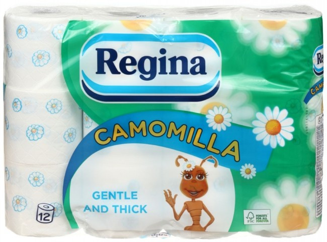 Бумага туалетная Regina Camomilla 12 рулонов, ширина 100 мм, «Ромашка», белая с рисунком - фото 1 - id-p133148571