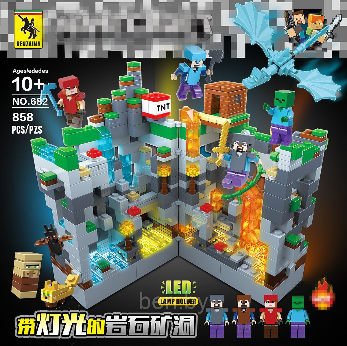 682 Конструктор Renzaima "Битва с драконом" с LED подсветкой, 858 деталей, Minecraft - фото 5 - id-p133488614