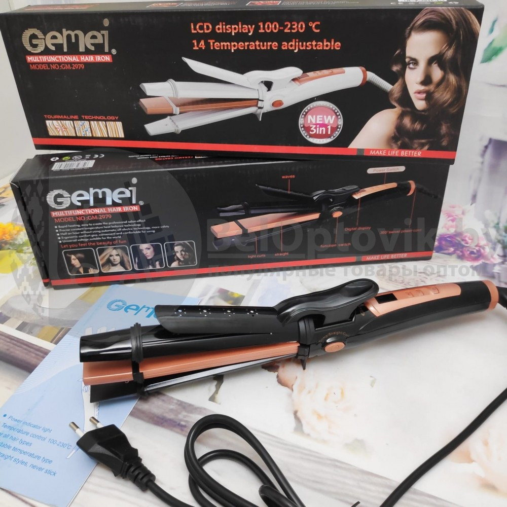 NEW Стайлер для волос 3 в 1 (гофре, плойка, выпрямитель - утюжок) GEMEI GM-2979 с LCD дисплеем Черный корпус - фото 7 - id-p133809268