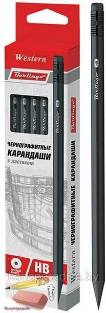 Карандаш чернографитный Berlingo Western HB, с ластиком, черное дерево, заточенный