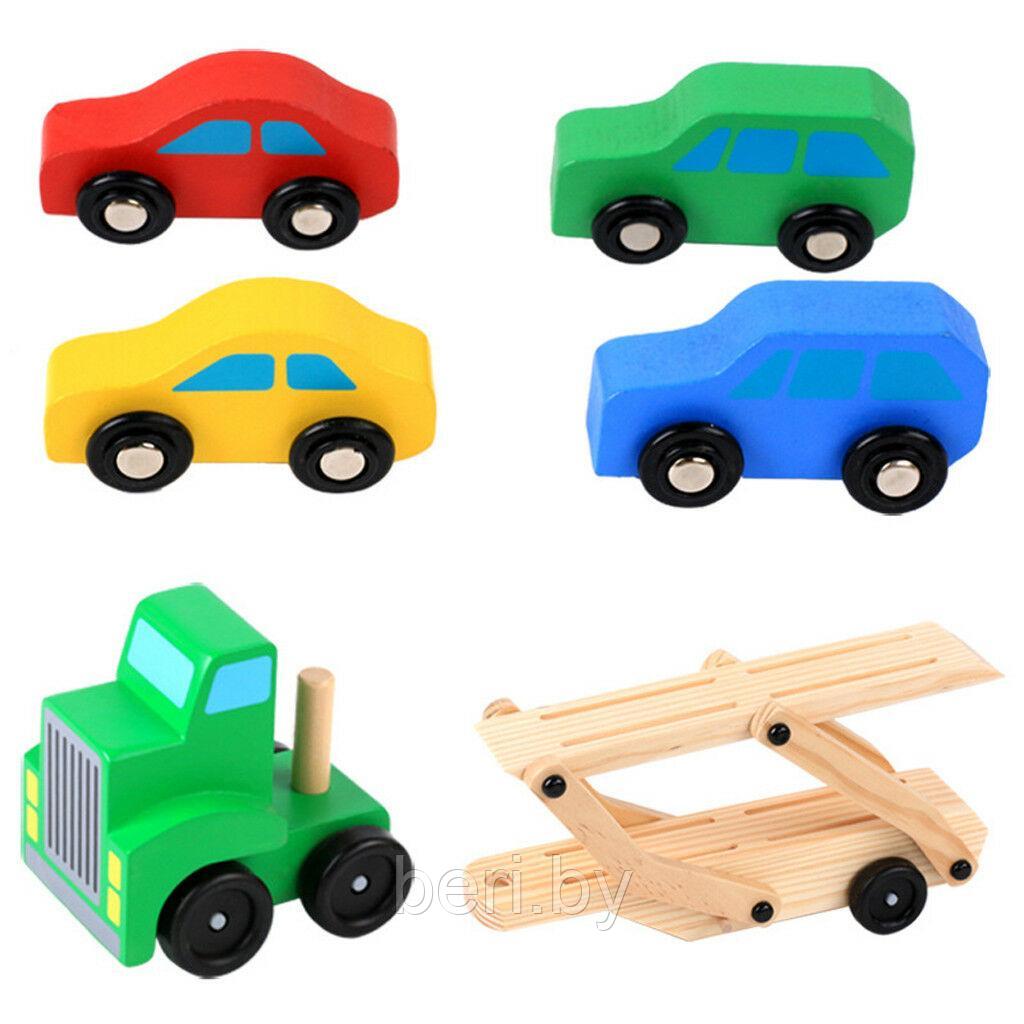 78 Машинка деревянная, автовоз с машинками деревянный, 4 машинки, от 3 лет - фото 4 - id-p134020159