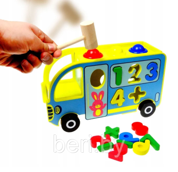 205 Деревянная Машинка стучалка автобус-сортер, цифры и цвета, деревянный сортер - фото 2 - id-p134036707