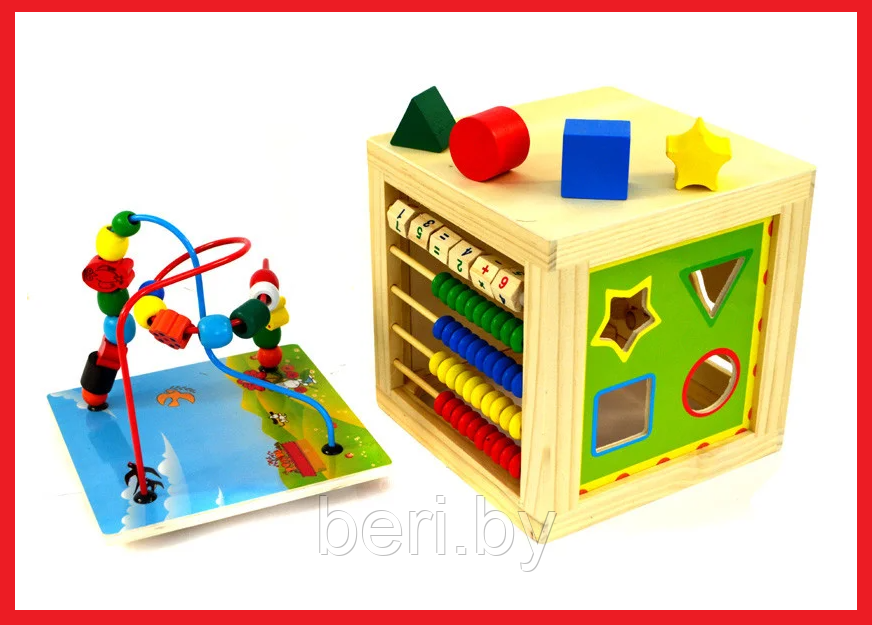 230/254 Детская деревянная развивающая игрушка 5 в 1: сортер, два вида лабиринта, счеты, часы - фото 1 - id-p134041540
