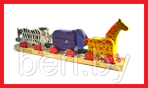 162 Детская игрушка "Паровозик с животными", развивающая деревянная игрушка, деревянная пирамидка