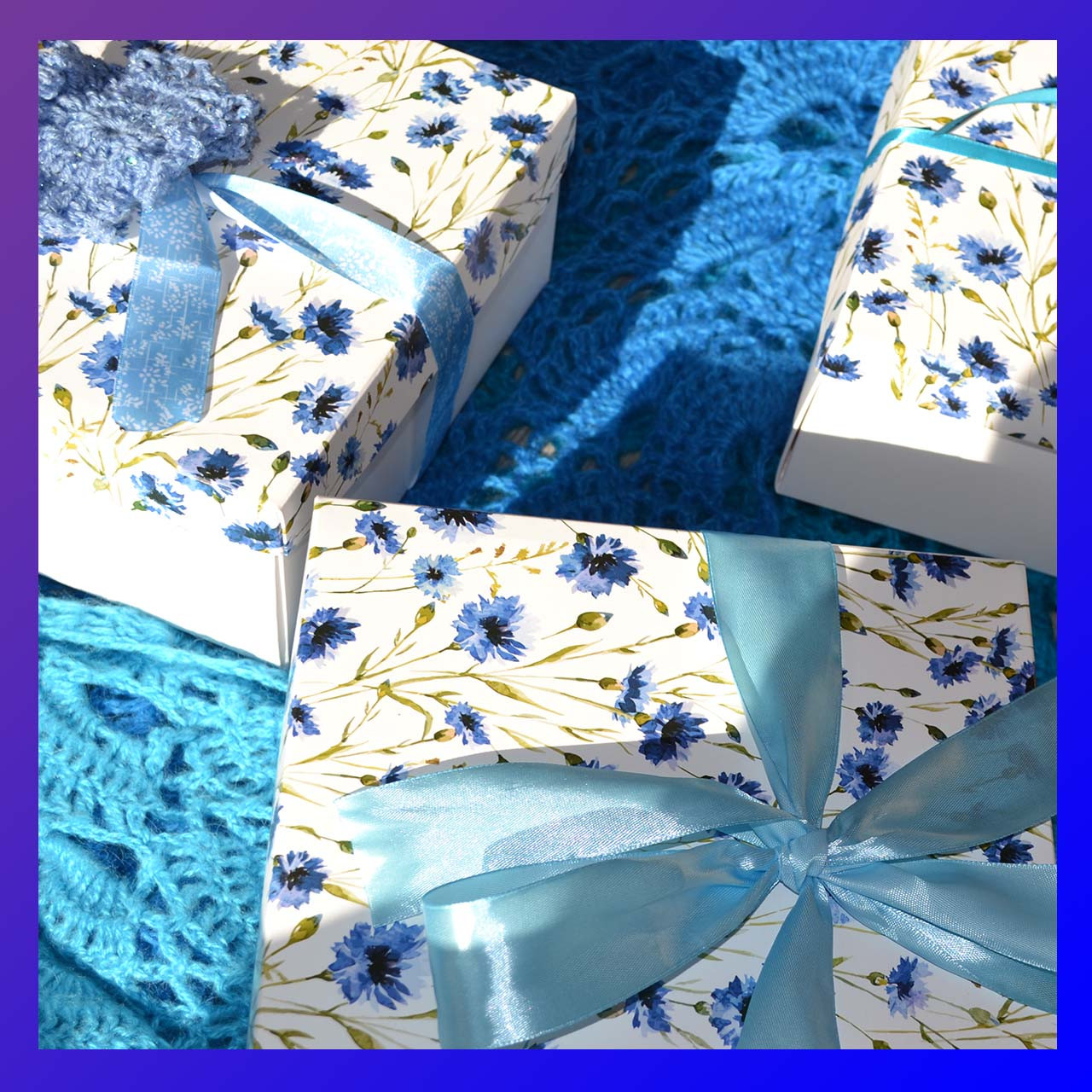 Косынка крючком ручной работы синяя теплая ажурная из полушерсти в подарок - фото 1 - id-p106477027