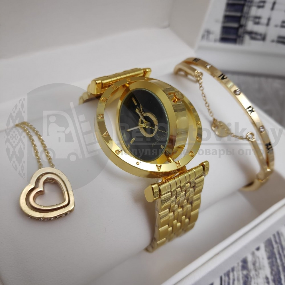 Подарочный набор Pandora (часы, подвеска-Сердце, браслет) Золото с черным циферблатом - фото 2 - id-p134660316