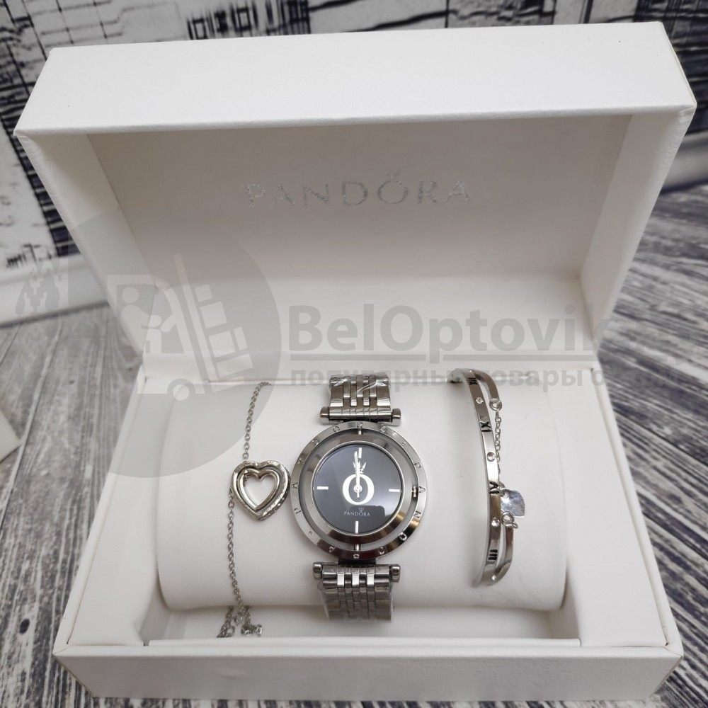 Подарочный набор Pandora (часы, подвеска-Сердце, браслет) Золото с черным циферблатом - фото 3 - id-p134660316