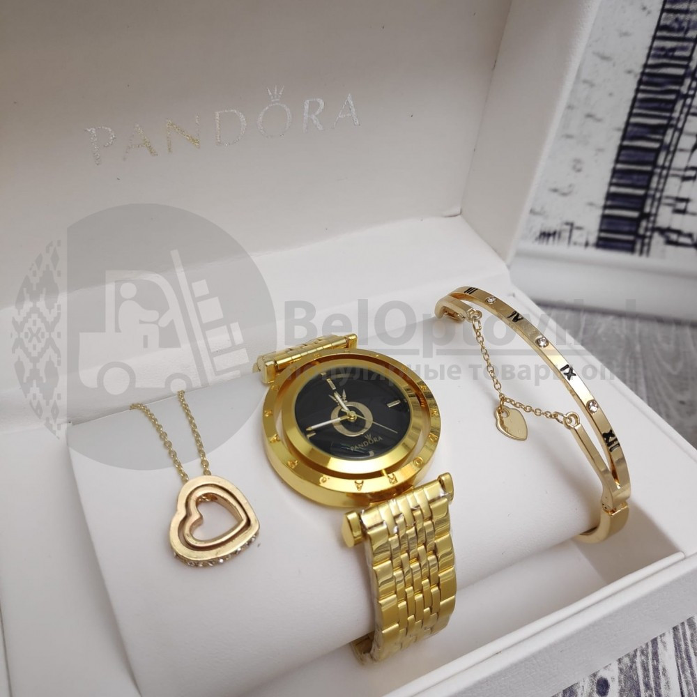 Подарочный набор Pandora (часы, подвеска-Сердце, браслет) Золото с черным циферблатом - фото 4 - id-p134660316