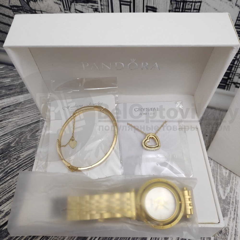 Подарочный набор Pandora (часы, подвеска-Сердце, браслет) Золото с черным циферблатом - фото 5 - id-p134660316