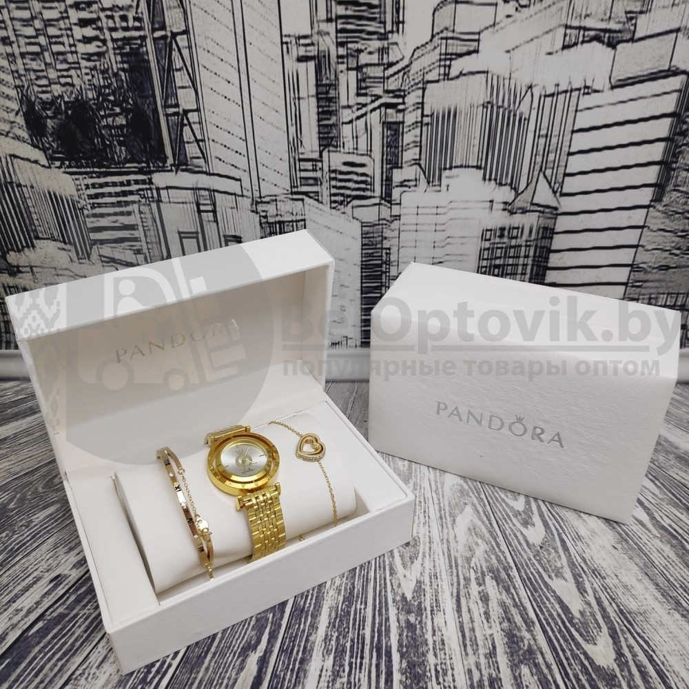 Подарочный набор Pandora (часы, подвеска-Сердце, браслет) Золото с черным циферблатом - фото 8 - id-p134660316