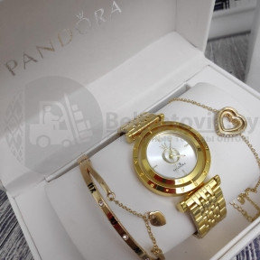 Подарочный набор Pandora (часы, подвеска-Сердце, браслет) Золото с белым циферблатом