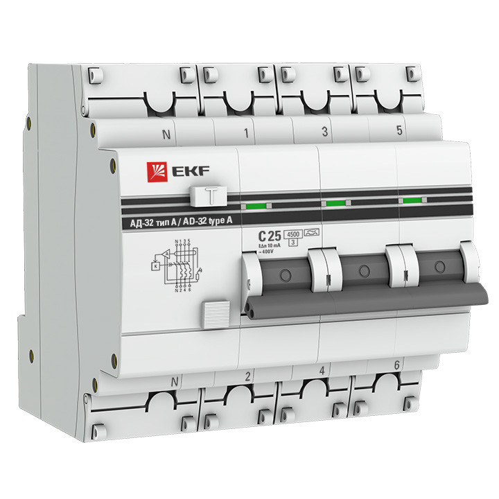 Дифференциальный автомат АД-32 3P+N 32А/30мА (хар. C, AC, электронный, защита 270В) 4,5кА EKF PROxim