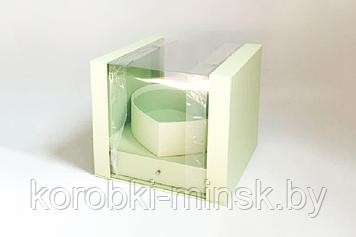 Коробка Аквариум квадратная  24х24х20  с сердцем и ящичком для подарка Салатовый (основа картон) Брак
