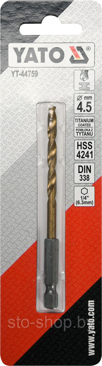 Сверло по металлу HSS-TiN 4,5мм с хвостовиком HEX YT-44759 - фото 3 - id-p134883625