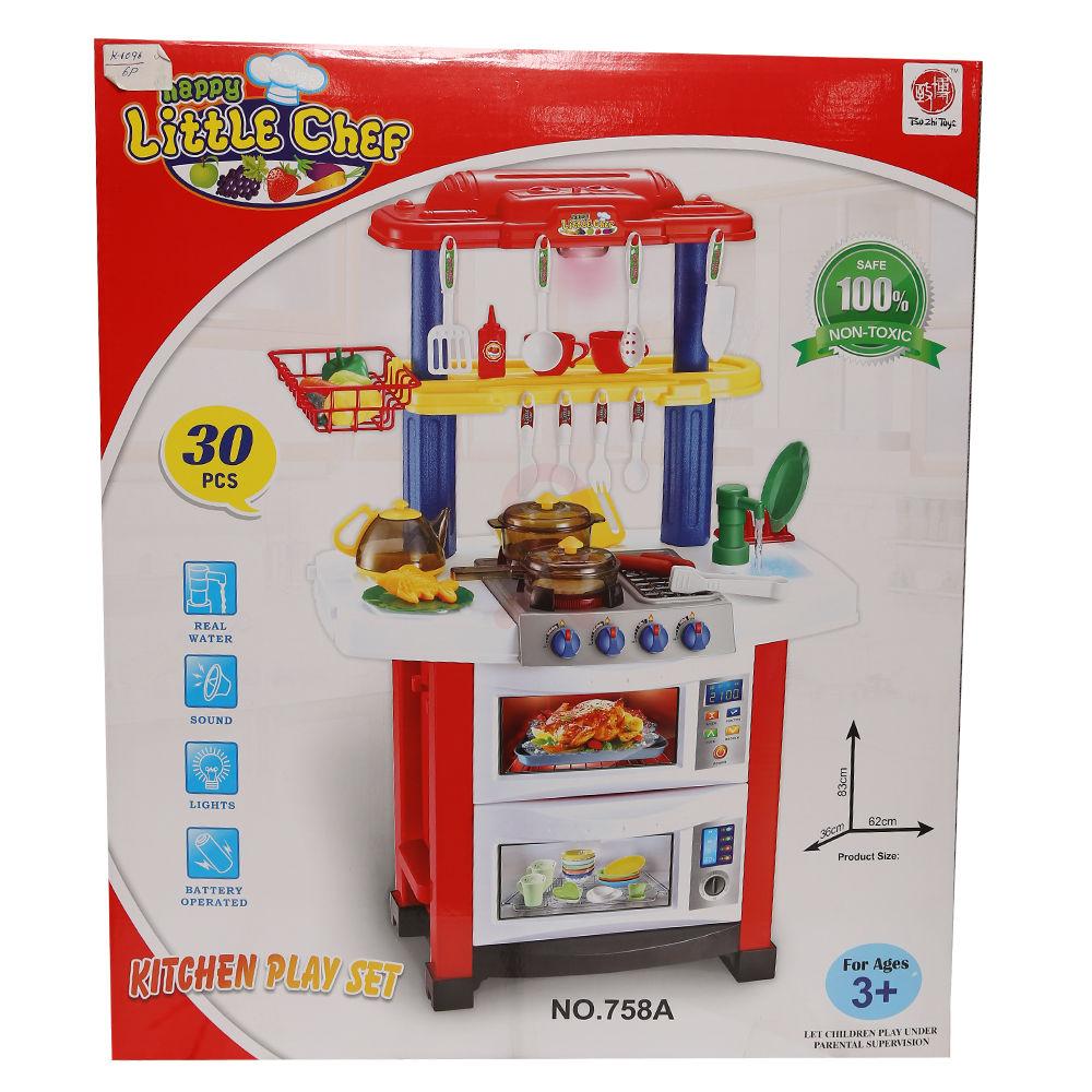 Детская игровая кухня 758A с настоящей водой, духовкой, светом, звуком, 33 предмета, h 83 см (758а)