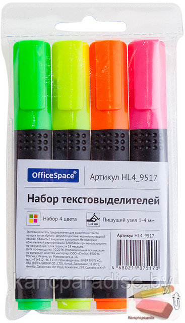 Набор текстовыделителей OfficeSpace, 4 цвета, 1 - 4 мм., европодвес