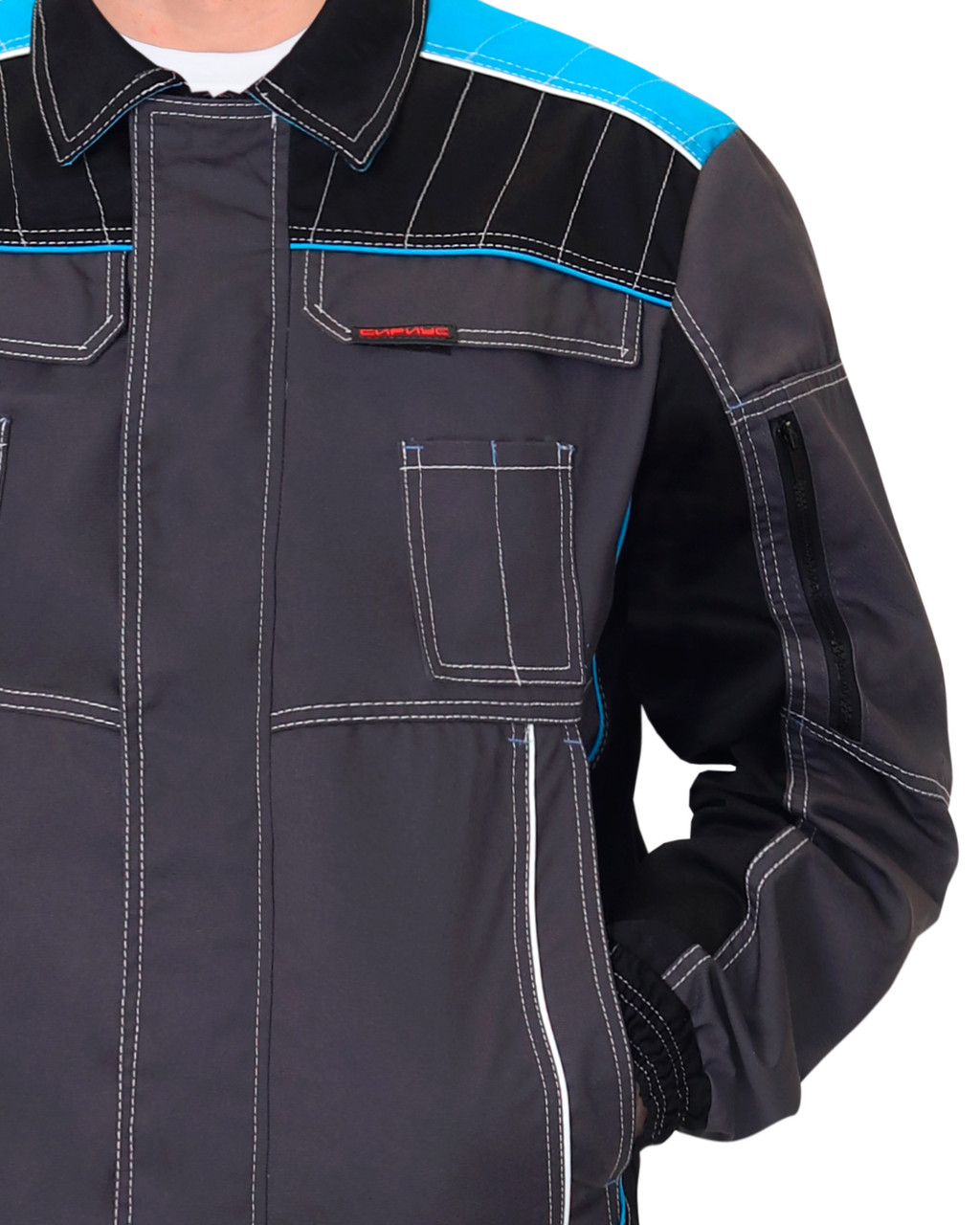 Куртка "Престиж" кор.,летняя т.серая с черным и с голубой отделкой
