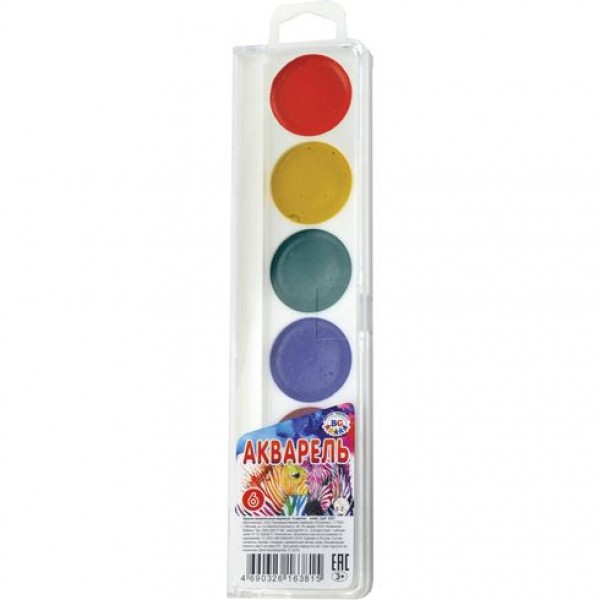 Краски акварельные медовые 6 цветов BG "Color Animal"  пласт. уп. с европодвесом и прозрачной крышкой,
