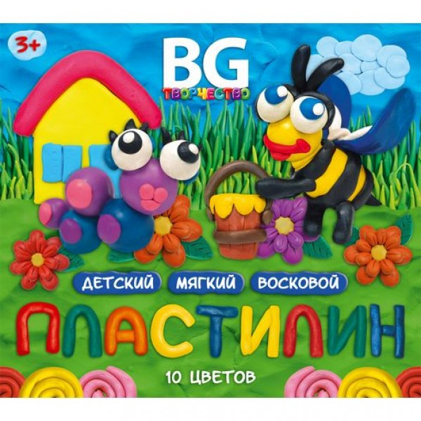 Пластилин детский восковой, набор со стеком 10 цветов 150 гр. BG "Весёлая пчёлка" карт. коробка с