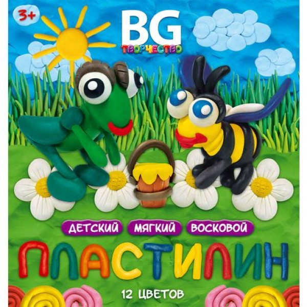 Пластилин детский восковой, набор со стеком 12 цветов 180 гр. BG "Весёлая пчёлка" картон. коробка с