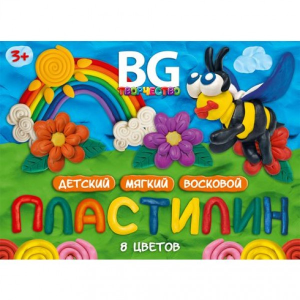 Пластилин детский восковой, набор со стеком 8 цветов 120 гр. BG "Весёлая пчёлка" картон. коробка с
