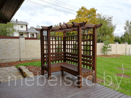 Пергола садовая со скамьей угловая из массива сосны "Фортуна" - фото 1 - id-p136154143