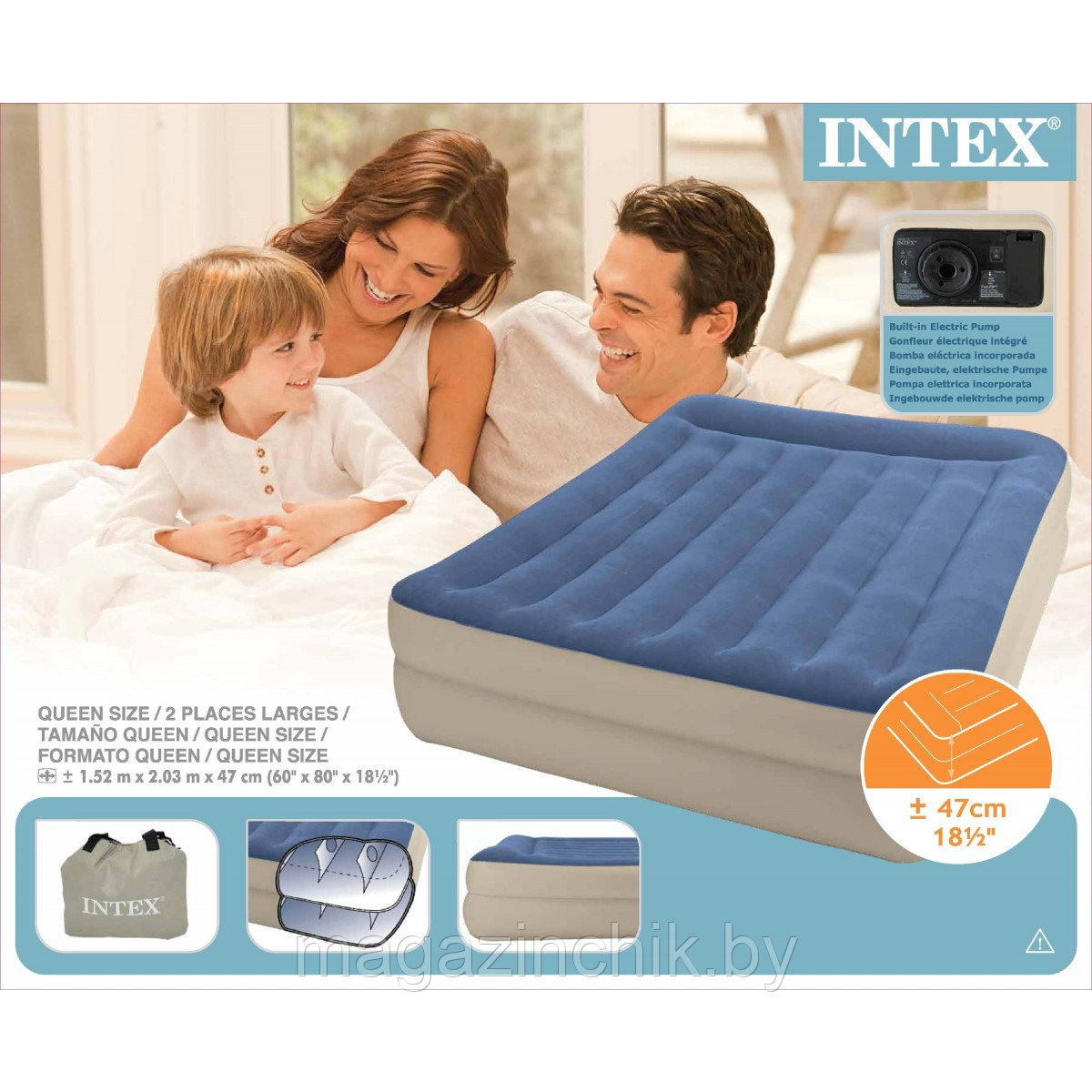 Надувная двуспальная кровать Intex Pillow Rest Raised Bed 66714 152*203*47 см, встр. элекронасосом - фото 4 - id-p10177659