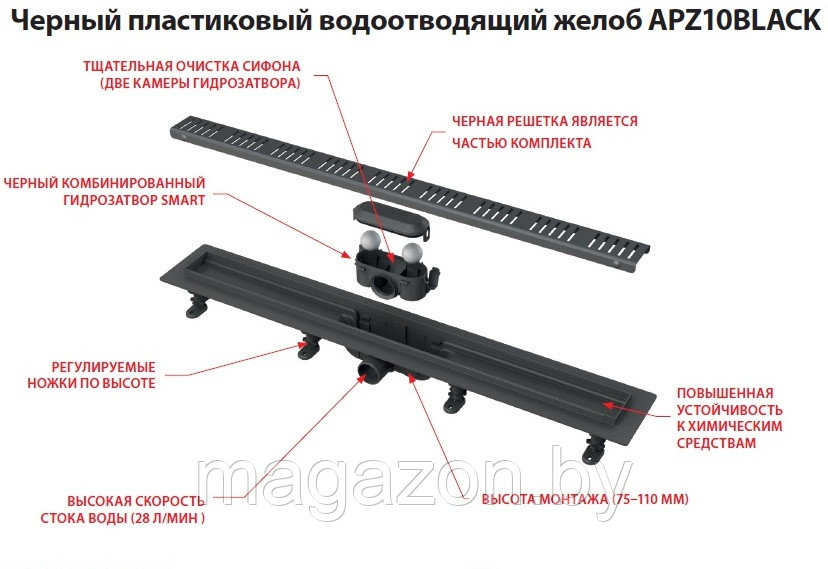 Alcaplast APZ10BLACK-550M Simple Водоотводящий желоб с порогами для перфорированной решетки, черный-мат - фото 4 - id-p136317658