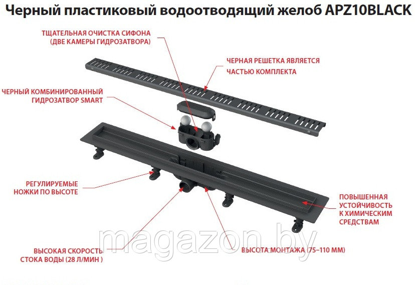 Alcaplast APZ10BLACK-650M Simple Водоотводящий желоб с порогами для перфорированной решетки, черный-мат - фото 4 - id-p136317770