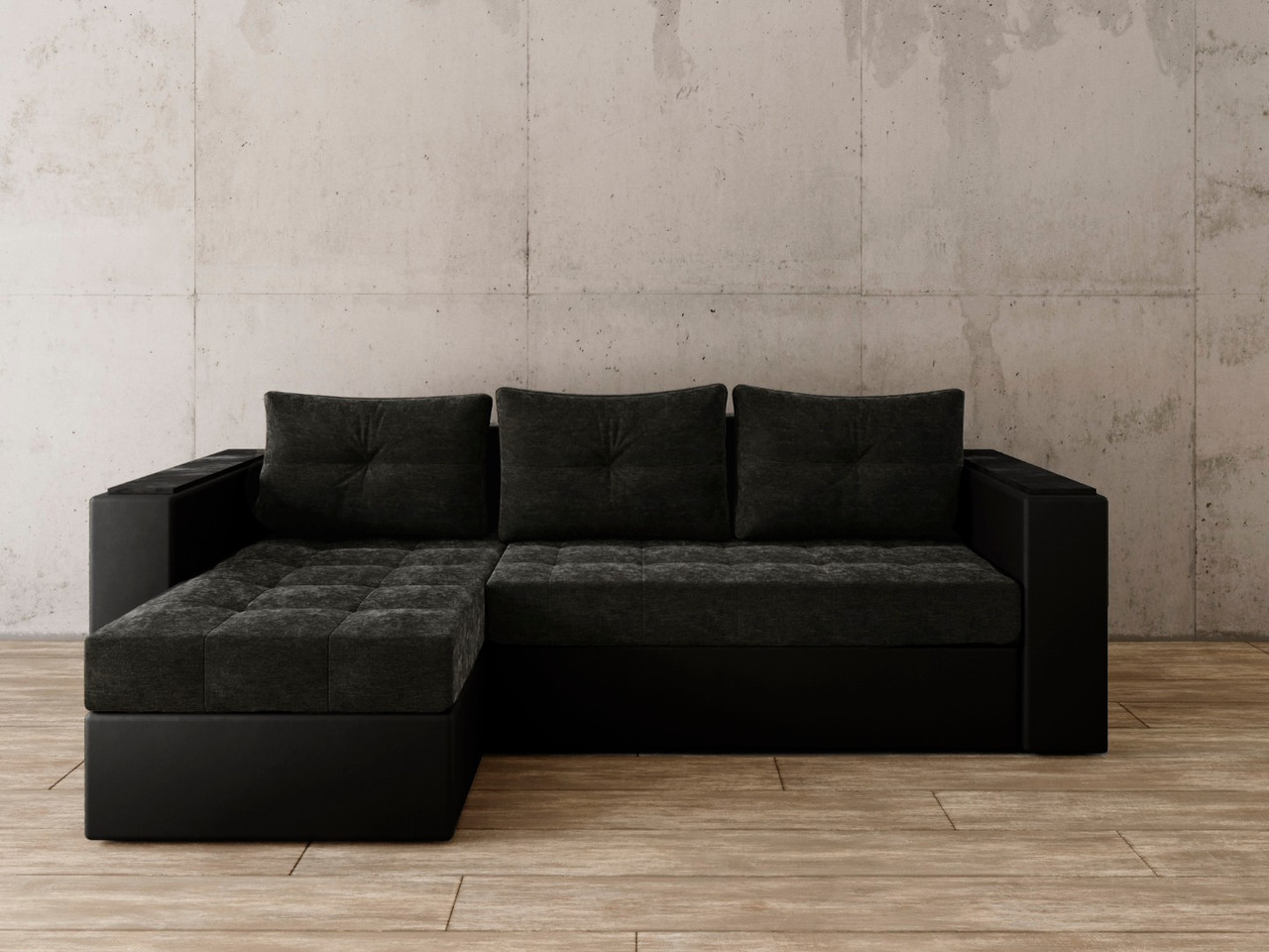 Угловой диван Константин с декором чёрный вельвет/чёрная экокожа