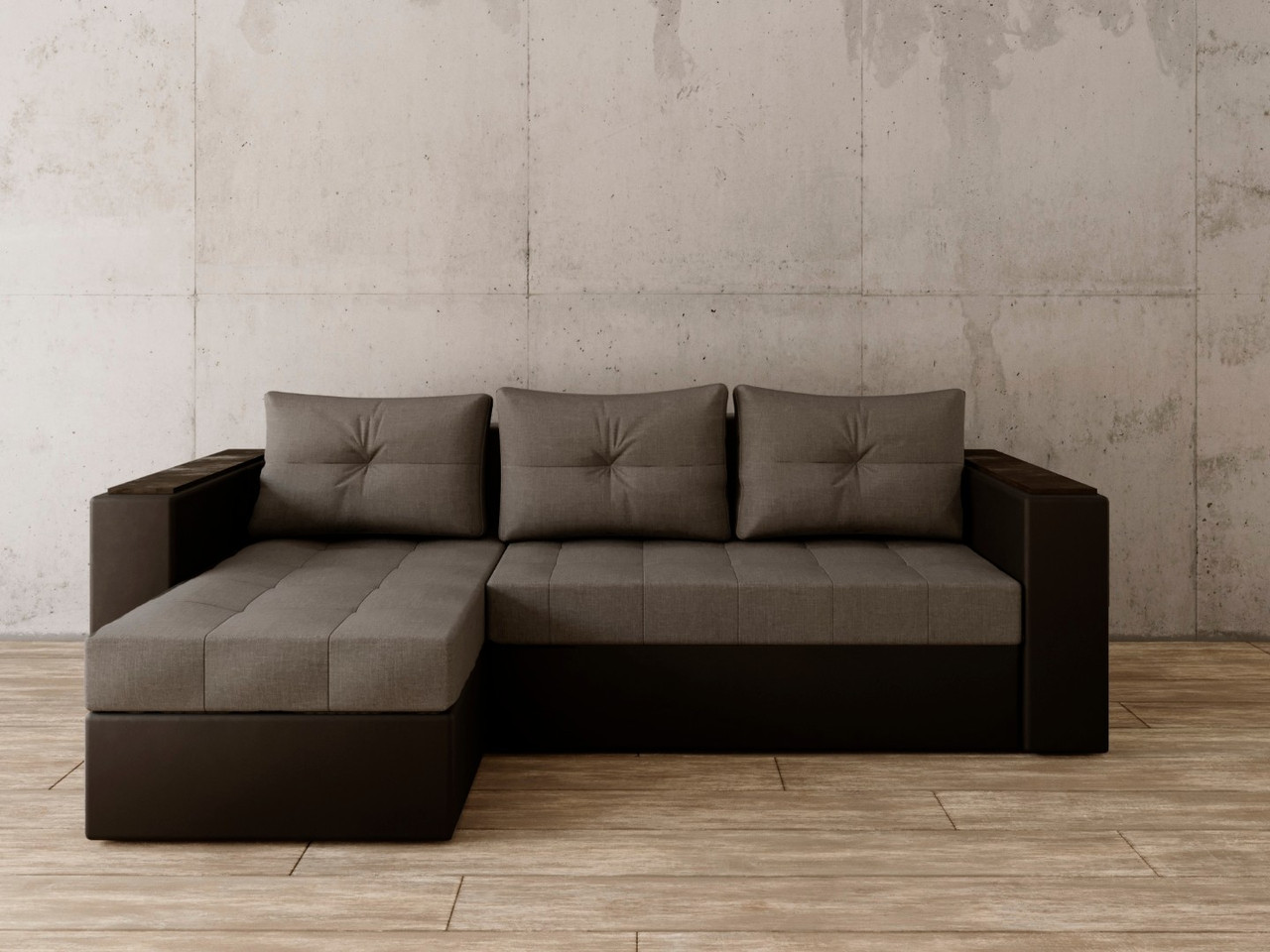 Угловой диван Константин с декором серая рогожка/чёрная экокожа