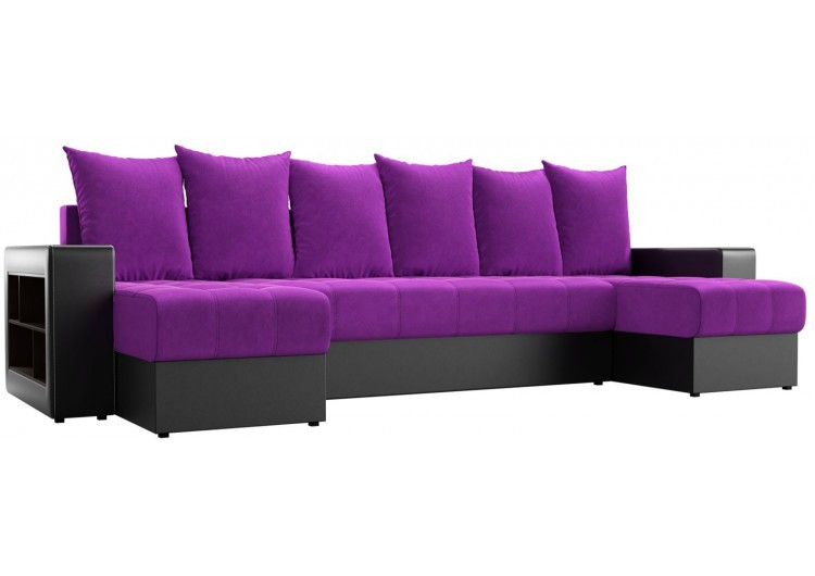 П-образный диван Дубай фиолетовый вельвет/чёрная экокожа