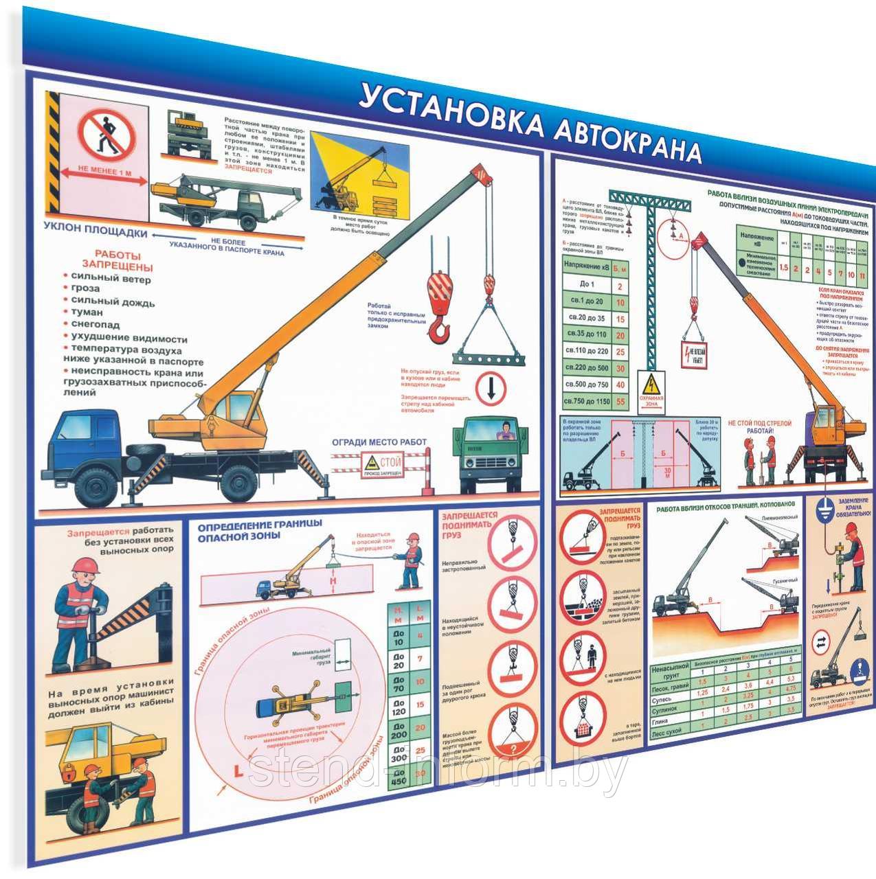 ПЛАКАТ ПО Охране труда "УСТАНОВКА АВТОКРАНА" р-р 57*40 см на ПВХ - фото 1 - id-p136860930