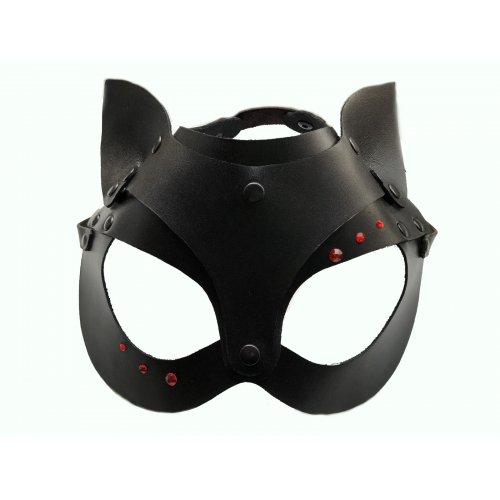 Кожаная чёрная маска Kissexpo со стразами и ушками Hand Made