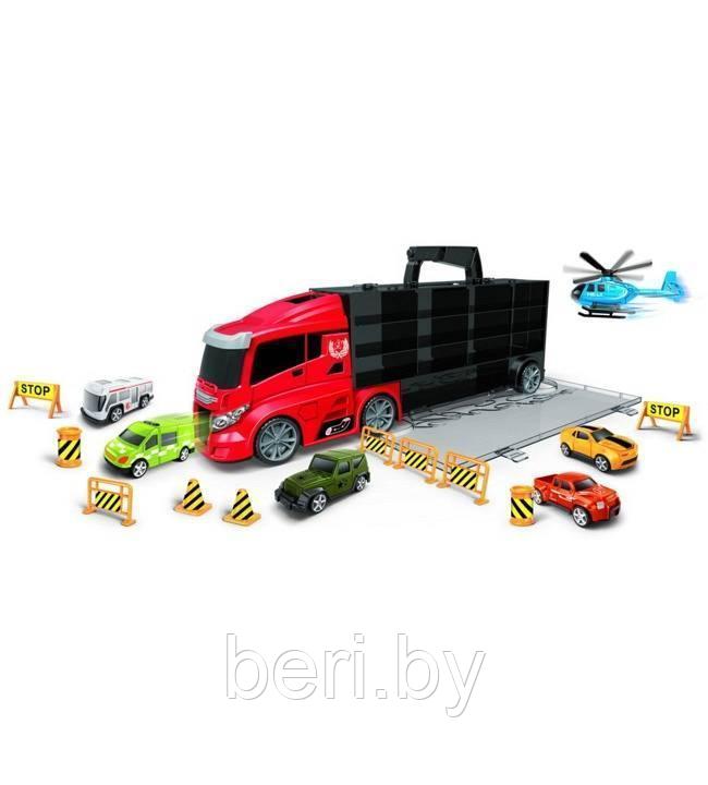 Фура, автовоз, трейлер 666-05K, грузовик с машинками 6 шт, дорожные знаки, игровой набор, Хот Вилс, Hot Wheels - фото 3 - id-p136920503