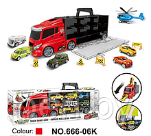 Фура, автовоз, трейлер 666-06K, грузовик с машинками 6 шт, дорожные знаки, игровой набор, Хот Вилс, Hot Wheels