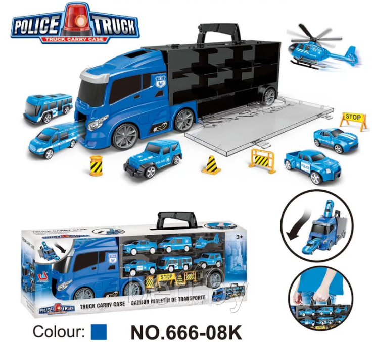 Фура, автовоз, трейлер 666-09K, грузовик с машинками 6 шт, дорожные знаки, игровой набор, Хот Вилс, Hot Wheels