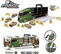 Фура, автовоз, трейлер 666-10G, грузовик с машинками 6 шт, дорожные знаки, игровой набор, Хот Вилс, Hot Wheels