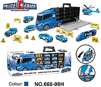 Фура, автовоз, трейлер 666-08H, грузовик с машинками 6 шт, дорожные знаки, игровой набор, Хот Вилс, Hot Wheels