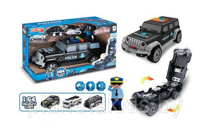 Полицейская машина - гараж , игровой набор ( 4 машины и фигурка), свет, звук, 660-A254