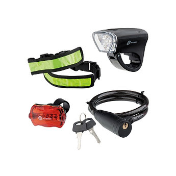 Набор велосипедный : передний и задний фонари LED, светоотражатель и тросовый замок// Stern 90561