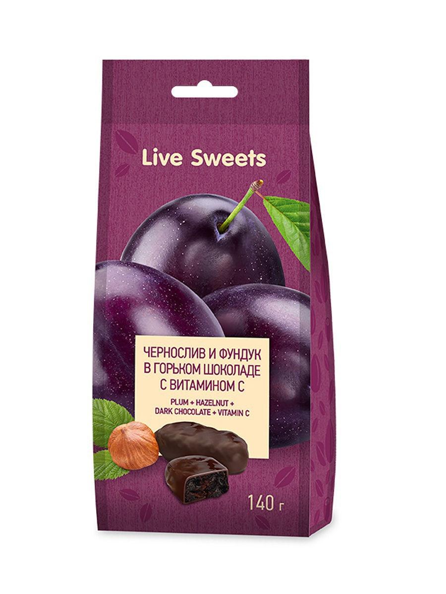 Чернослив и Фундук в горьком шоколаде с витамином С без сахара, Live Sweets, 140 г - фото 1 - id-p137241596
