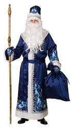 Карнавальный костюм Дед Мороз сатин синий аппликация, взрослый