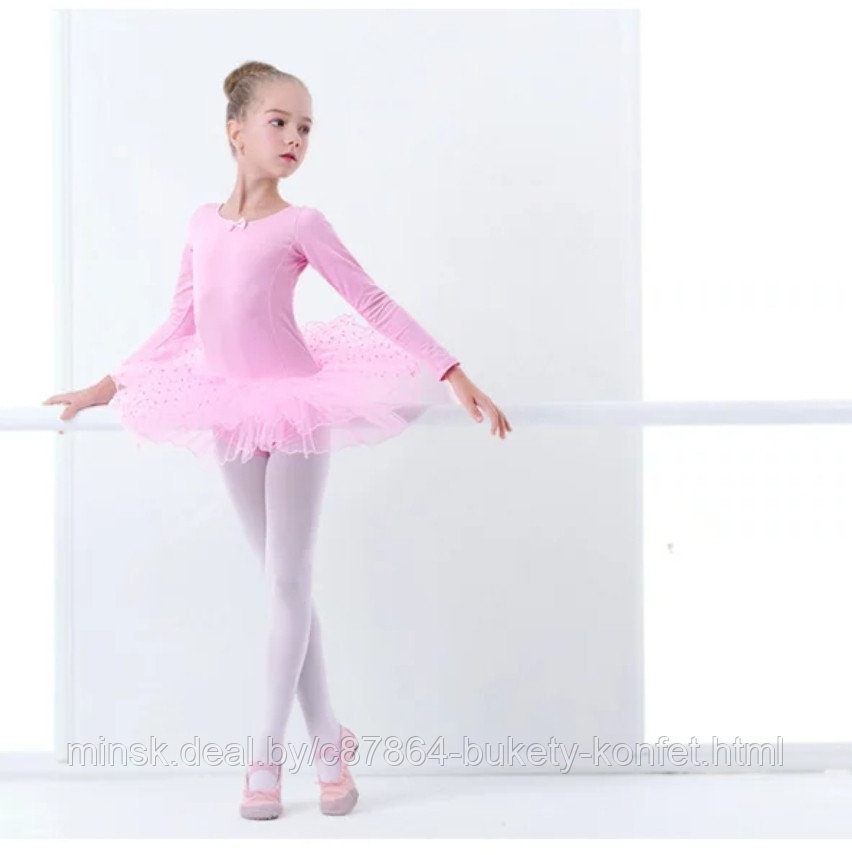 Балетное платье-пачка (6) розовое, длинный рукав