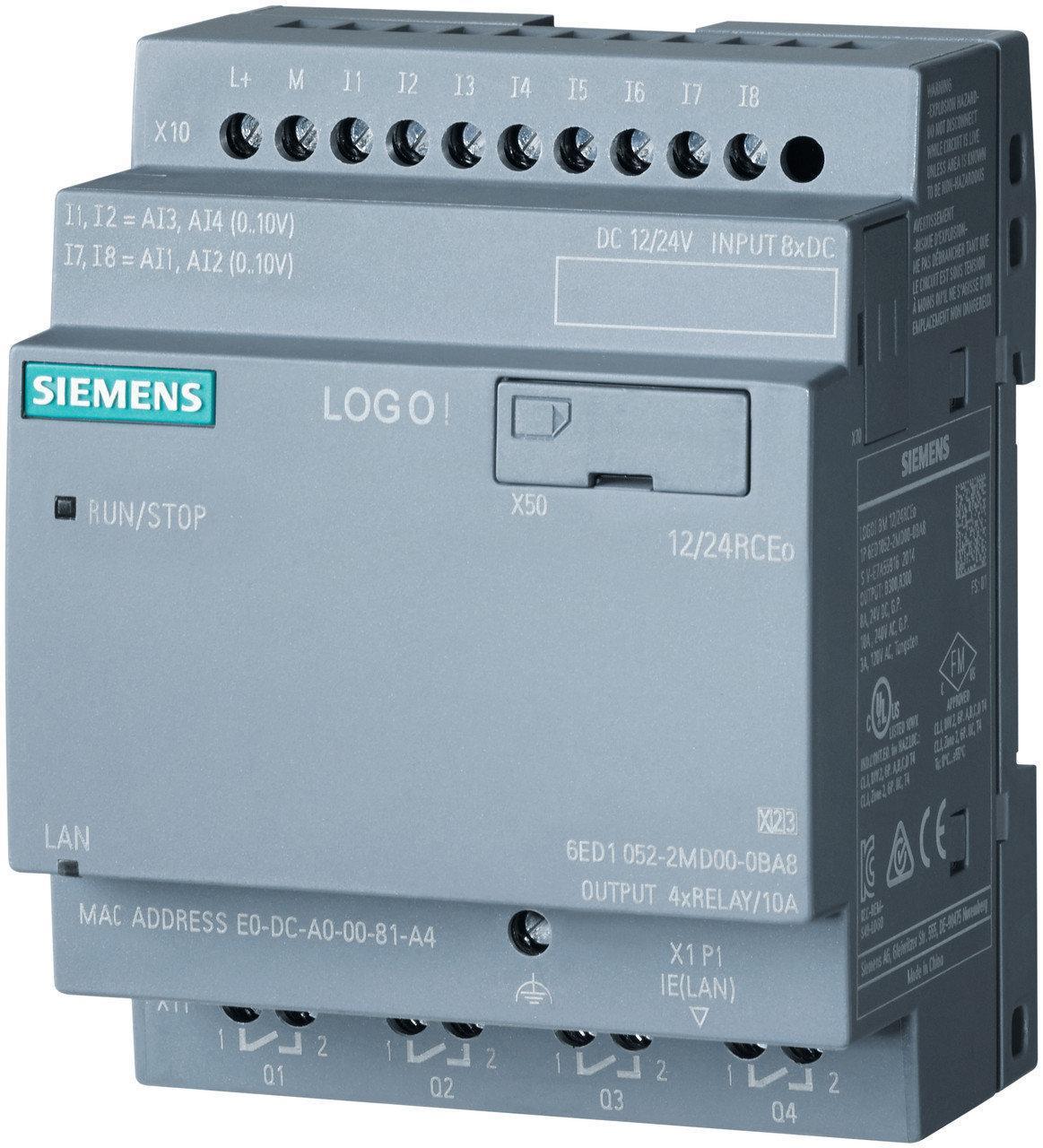 Логический модуль Siemens LOGO! Pure 24RCEo: питание =24 В: DI 8 =24 В; DO 4 реле, до 10 А на контакт