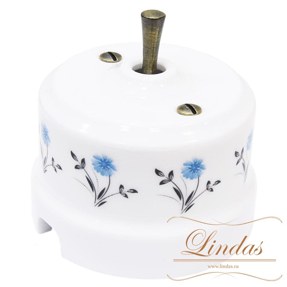 Тумблерный ретро выключатель Lindas, орнамент №2 (васильки), ручка бронза - фото 1 - id-p137573776