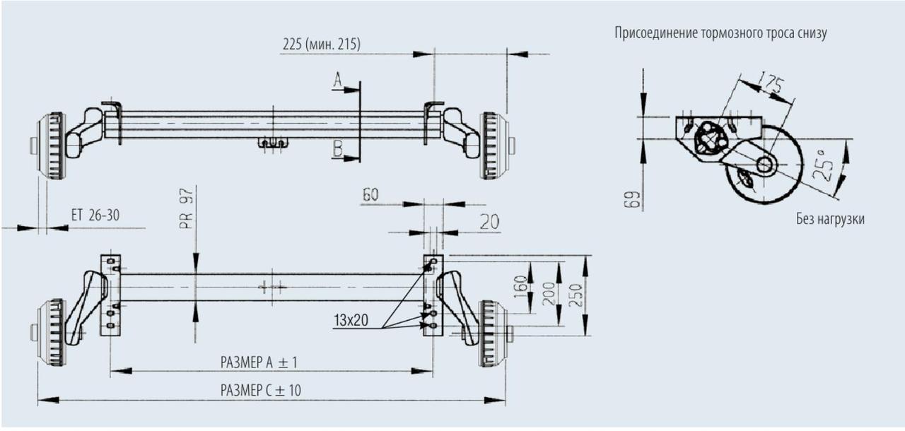 Ось торсионная с тормозом Е-П 1000 кг. 98x4 - 112х5 - фото 2 - id-p67129527