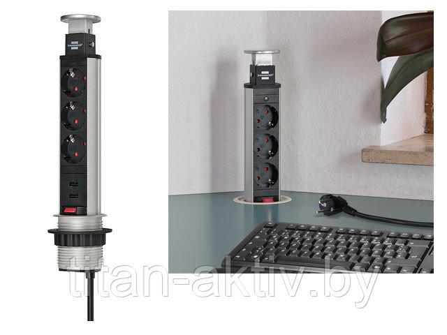 Удлинитель-башня 2м встраиваемый в столешницу (3 роз, 2 USB, H05VV-F 3G1.5) Brennenstuhl (вертикальн - фото 1 - id-p137801555