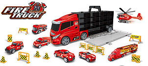 Набор JINJIA TOYS Автовоз с машинками и дорожными знаками Пожарные 666-09H (ВТ)