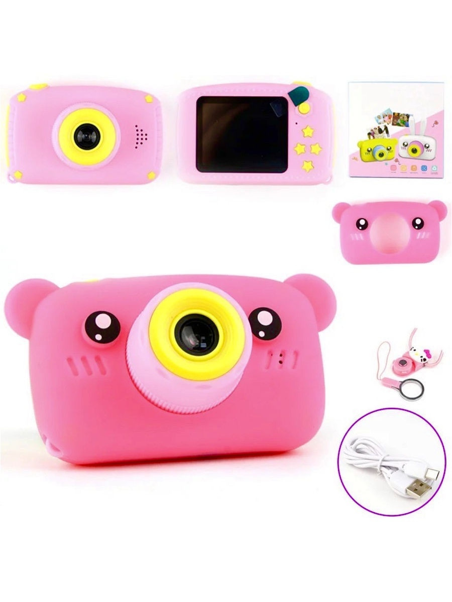 Детский фотоаппарат с силиконовым чехлом "Мишка", розовый, арт.SS300888R